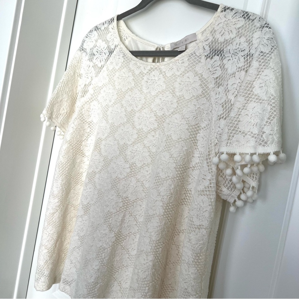 Anthropologie Cream Lace Blouse with Pom-Pom Sleeves